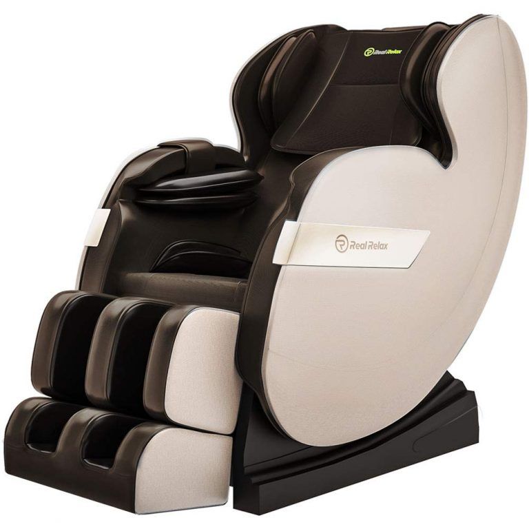 Real Relax 2020 Massage Chair, Full Body Zero Gravity Shiatsu Recliner with Bluetooth and Led Light, Brown and Khaki